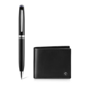 Lapis Bard Gift Set Contemporary Ballpoint Pen With Mayfair Coin Pocket Wallet - Black and Chrome (WP31676)