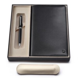 Lapis Bard Gift Set Contemporary Dark Ballpoint Pen and Mayfair Leather Notebook Jacket - Black with chrome trims (WP34826)